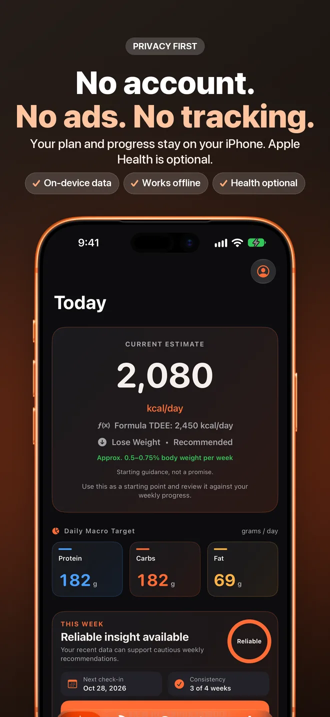 TDEECalc in dark mode with the privacy-first message: no account, no ads, no tracking, with on-device data, works offline and Health optional badges